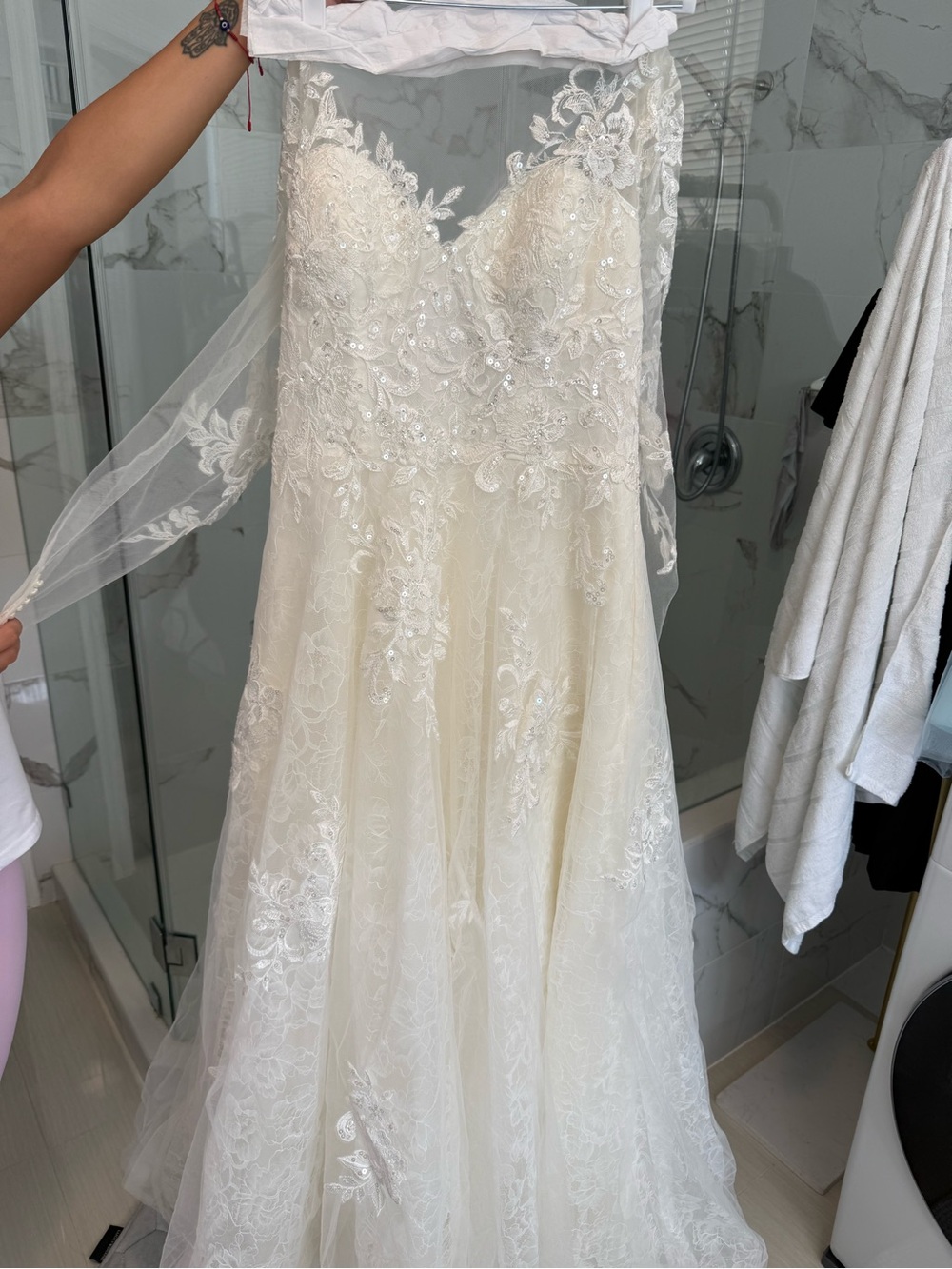 Oleg Cassini Cream Lace A-Line Wedding Dress with Illusion Neckline